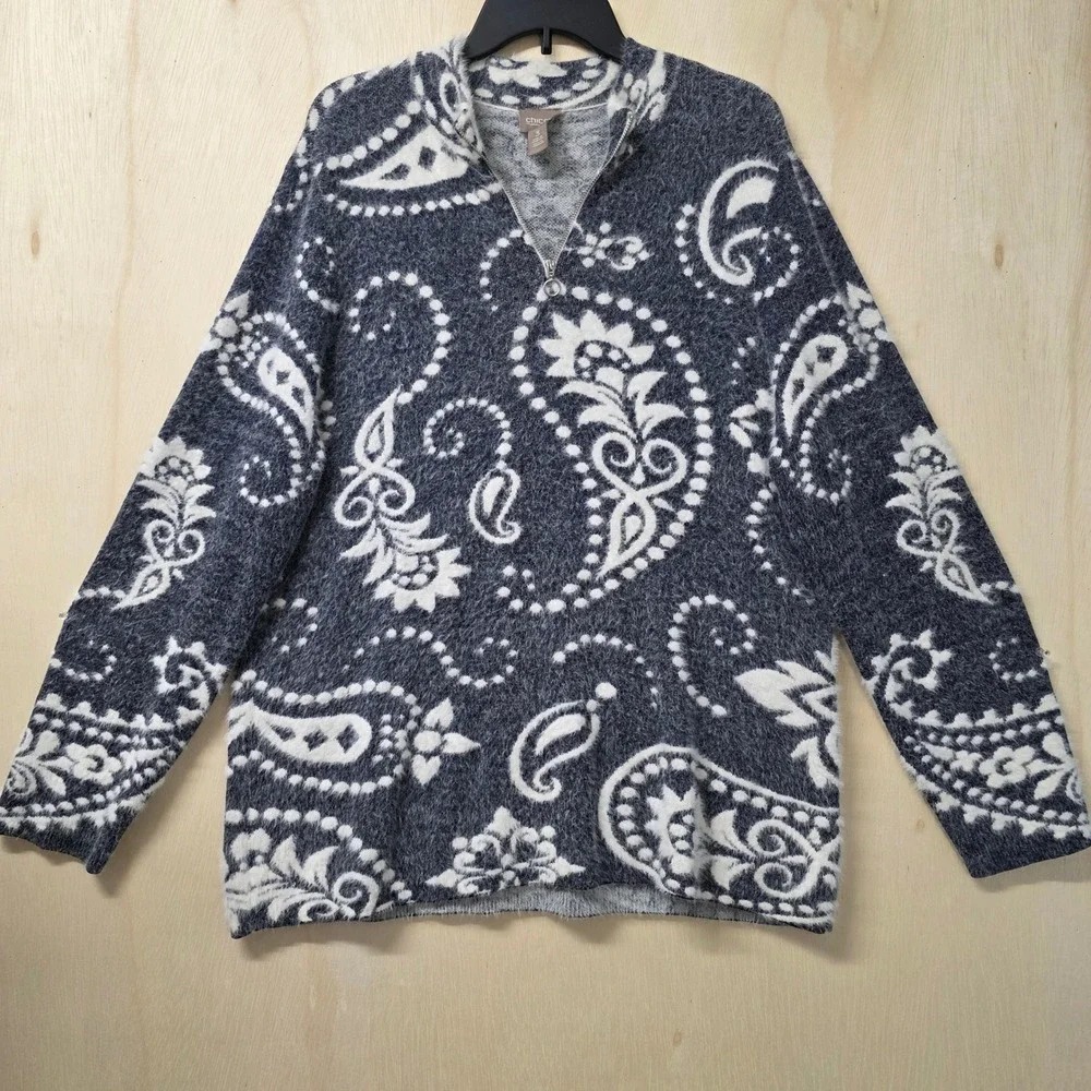 Chicos Navy Blue Paisley Eyelash Knit Quarter Zip Sweater Shimmer Size 3 Large